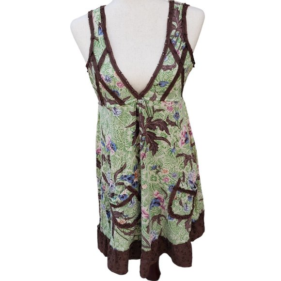 Free People Dresses & Skirts - 𝅺FREE PEOPLE Boho Style  Swing Dress Size S Green Pink Floral Brown Eyelet Lace